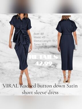 Satin Navy Short-Sleeve Button Down Maxi Dress